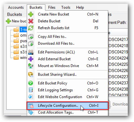 How to open Amazon S3 Bucket Lifecycle Rules Editor Click Buckets->Lifecycle Configuration