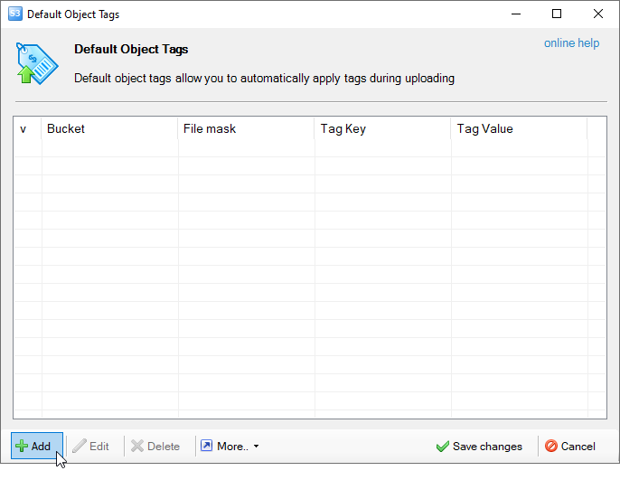 Default Object Tags dialog default object tags dialog