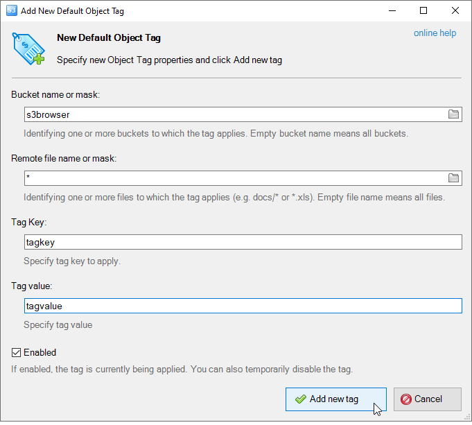 Add New Default Object Tag dialog new default object tag dialog