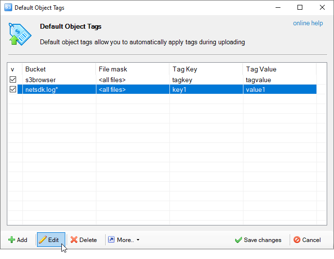 Select the tag you want to edit and click Edit select default object tag to edit