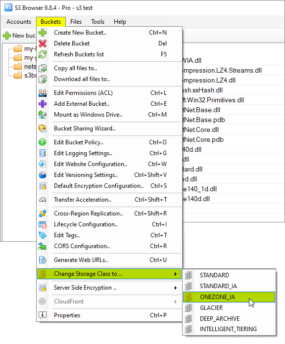 Click buckets, change-storage-class-to menu item