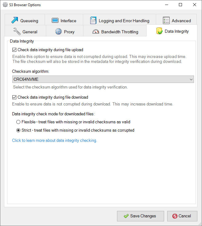 CS Browser Data Integrity Options