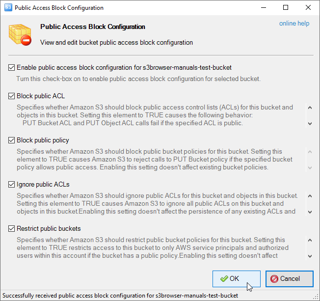 Public Access Block Configuration dialog