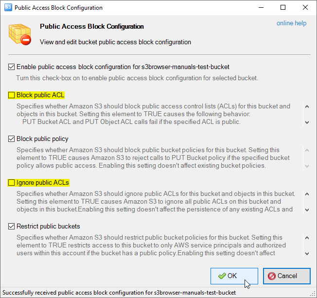 Public Access Block Configuration dialog Public Access Block Configuration dialog