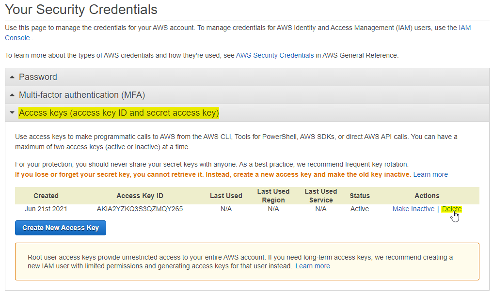 delete root access keys