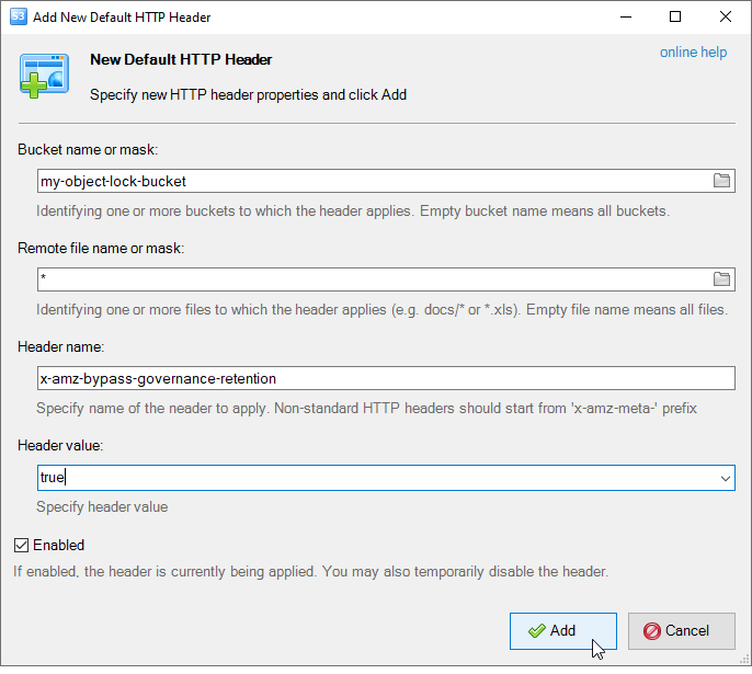 The Add New Default HTTP Header dialog The Add new default HTTP header dialog