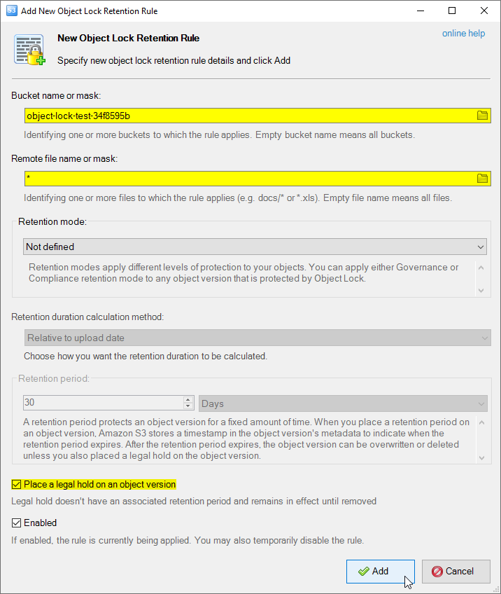The Add New Object Lock Retention Rule dialog