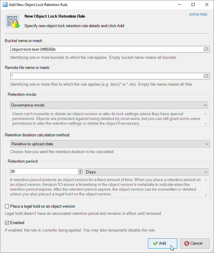 The Add New Object Lock Retention Rule dialog