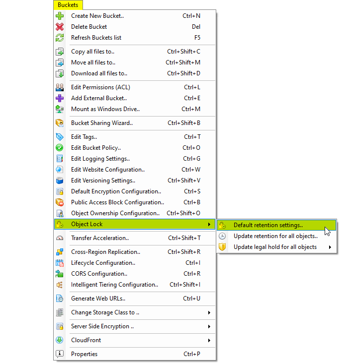 Buckets, Object Lock, Default retention settings Buckets, Object Lock, Default retention settings