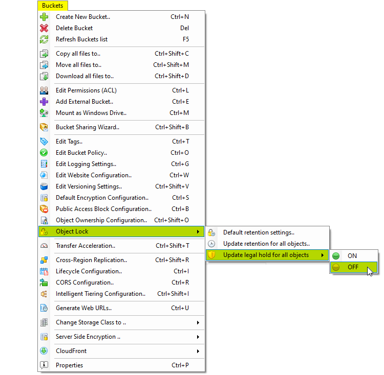 The Buckets, Object Lock, Update legal hold for all objects, [ON or OFF] menu item