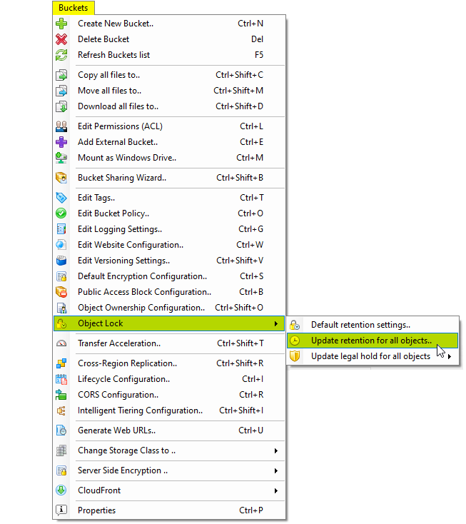Select the bucket and click Buckets, Object Lock, Update retention for all objects.. Buckets, Object Lock, Update retention for all objects menu item