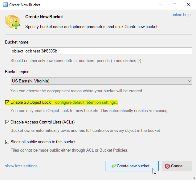 Create new bucket dialog - additional settings Additional settings for create new bucket dialog