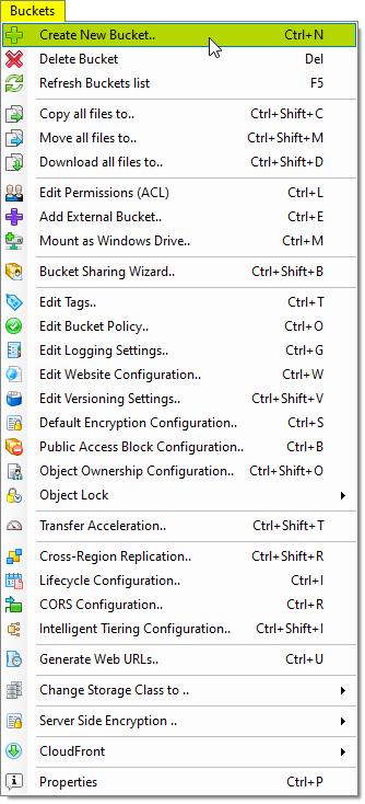 create new Amazon S3 bucket new Amazon S3 bucket menu