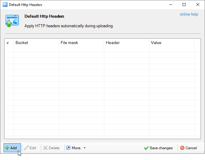 Default HTTP headers - configuration window Default HTTP headers
