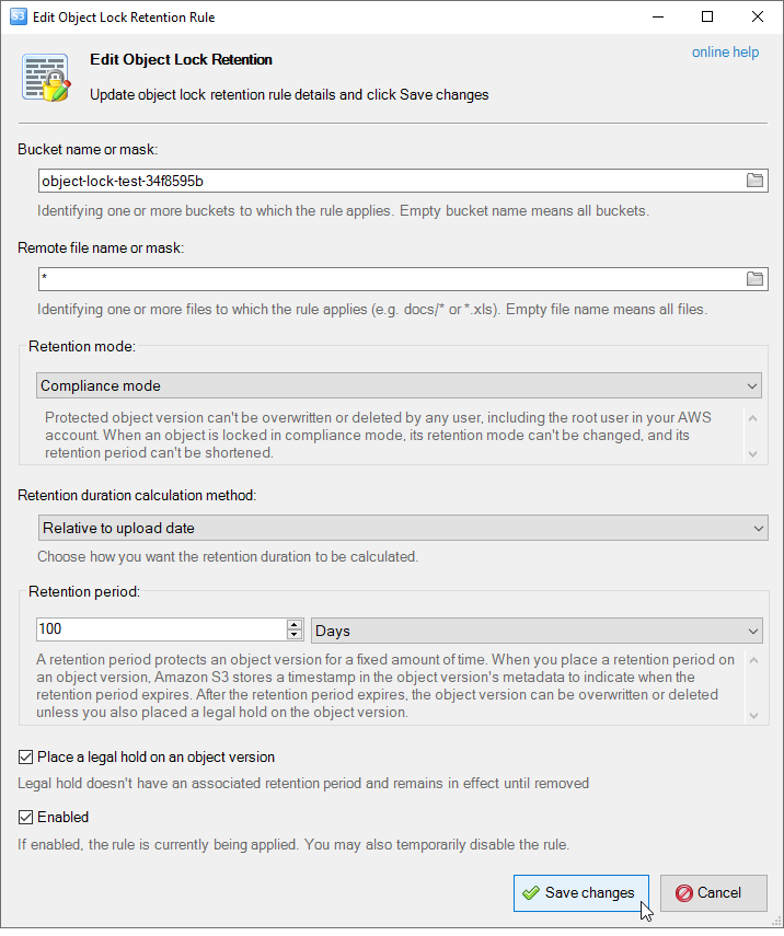 The Edit Object Lock Retention Rule dialog