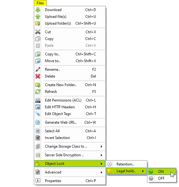 Click Files, Object Lock, Legal Hold, [ON or OFF]