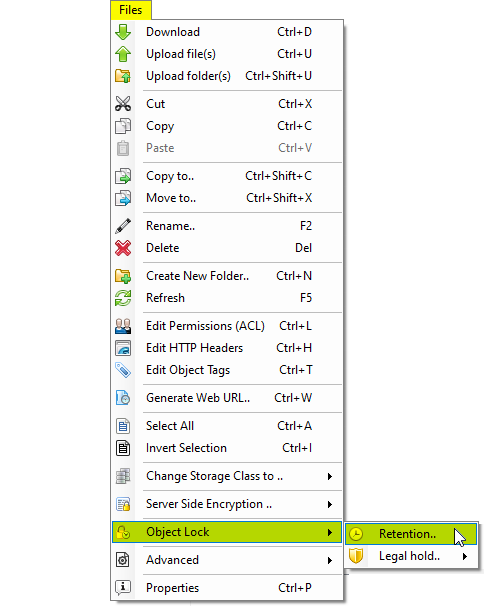 Select the file and click Files, Object Lock, Retention Click Files, Object Lock, Retention