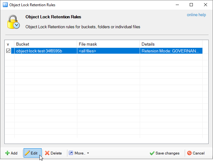 The Object Lock Retention Rules dialog