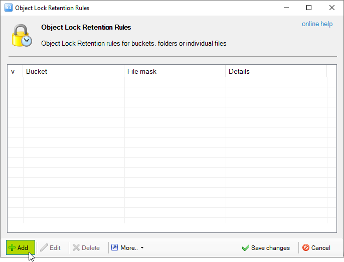 The Object Lock Retention Rules dialog