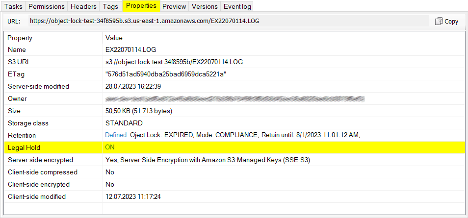 The Properties tab with the Legal Hold row highlighted
