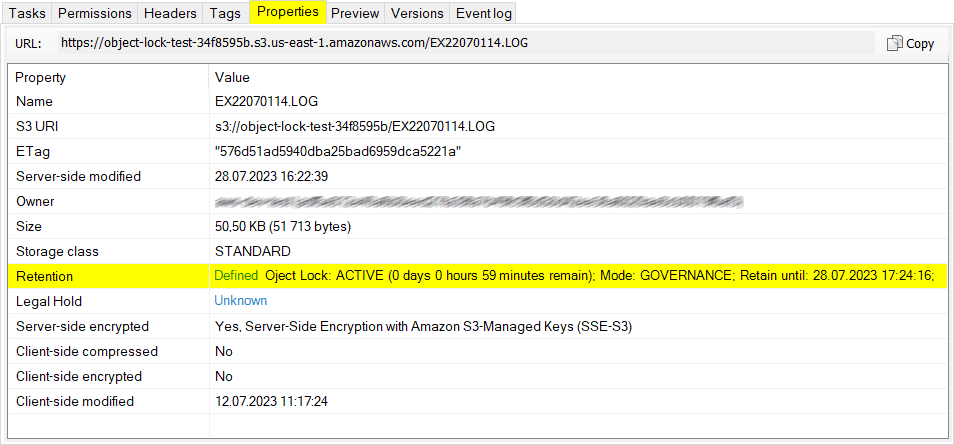 The Properties tab with the Retention row highlighted The Properties tab with the Retention row highlighted