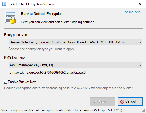 Bucket Default Encryption Settings dialog