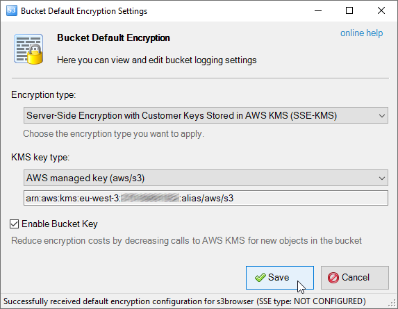 Bucket Default Encryption Settings dialog