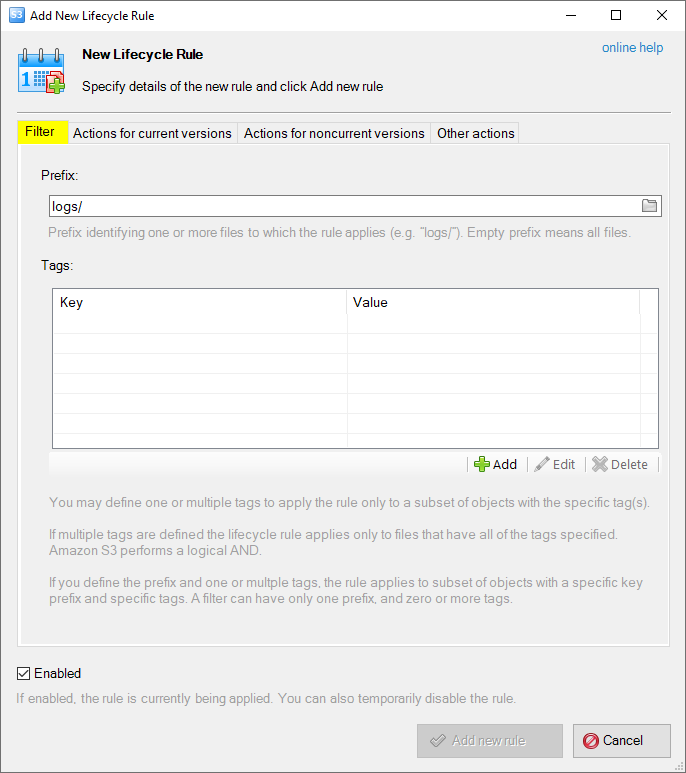 Add New Lifecycle Rule Dialog