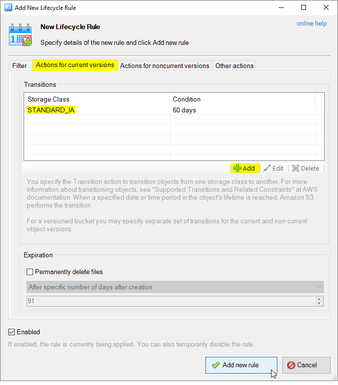 Add New Lifecycle Rule - Actions for current versions