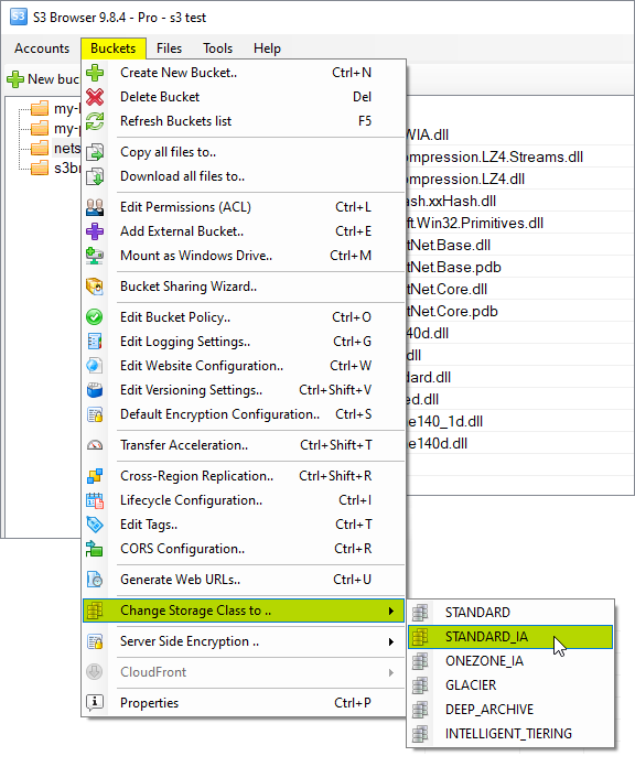 Click buckets, change-storage-class-to menu item