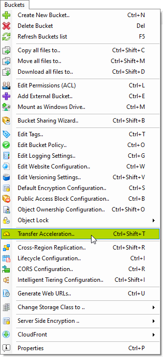 Buckets Transfer Acceleration menu