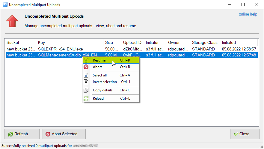 Resume Uncompleted Multipart Uploads Resume Uncompleted Multipart Uploads