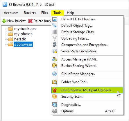 Click Tools, Uncompleted Multipart Uploads click Tools, Uncompleted Multipart Uploads