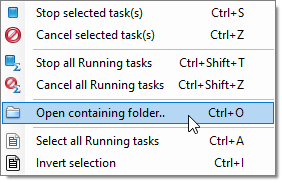 Tasks context menu allows you to manage tasks Tasks context menu