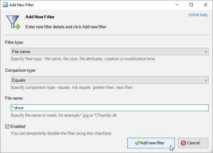 Add New Filter dialog