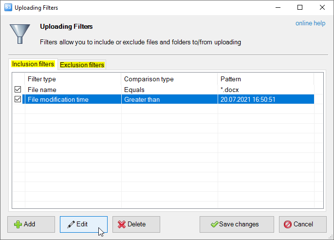 Uploading Filters dialog
