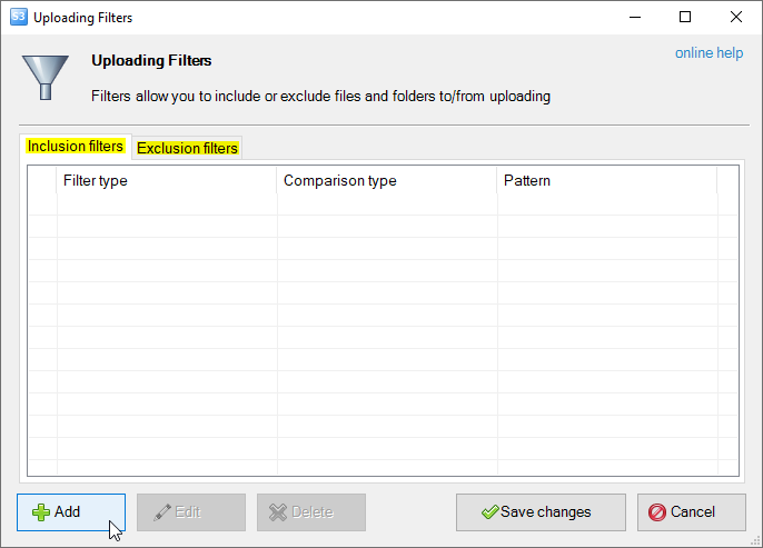 Uploading Filters dialog
