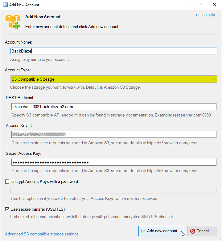add Amazon S3 compatible storage account