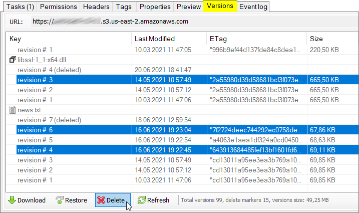 Select versions to delete.