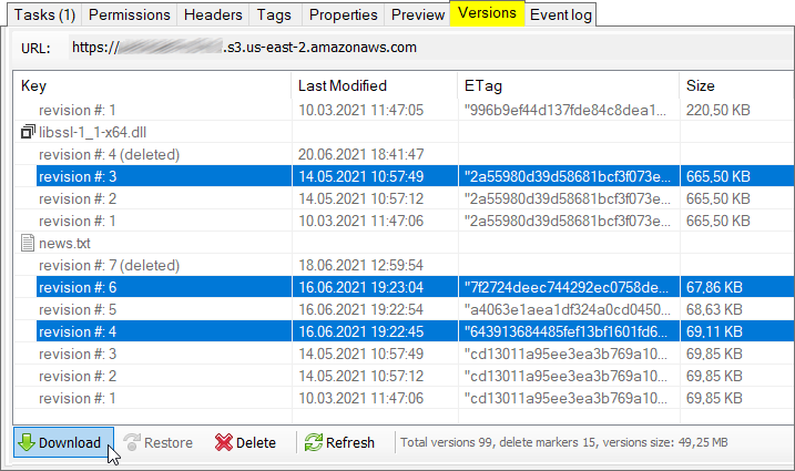 Select file versions and click Download.