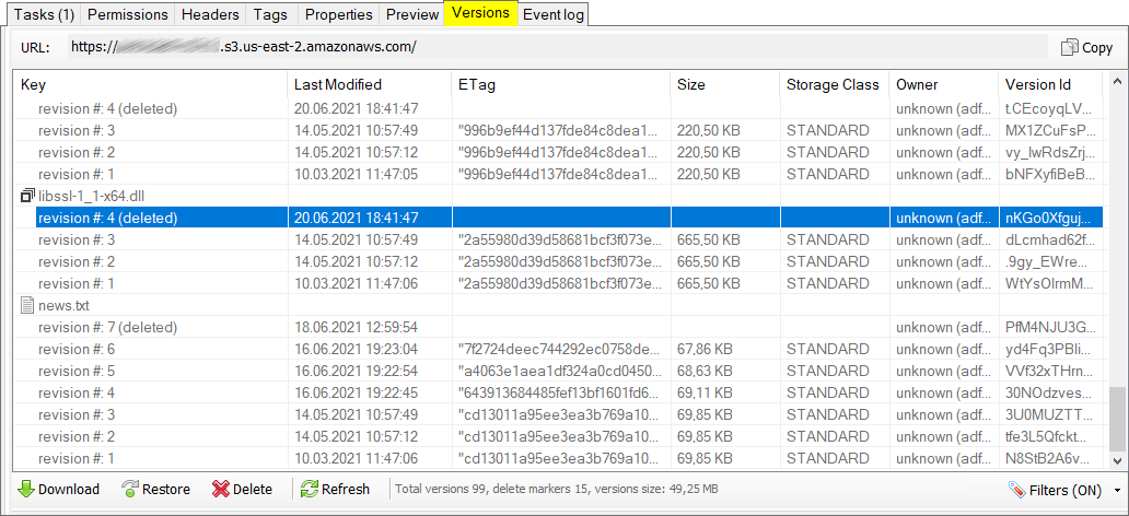 List of deleted files and their versions
