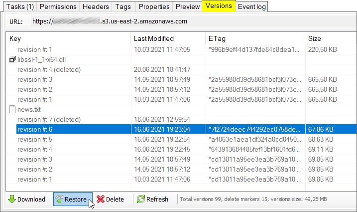 Navigate to the most recent version and click Restore