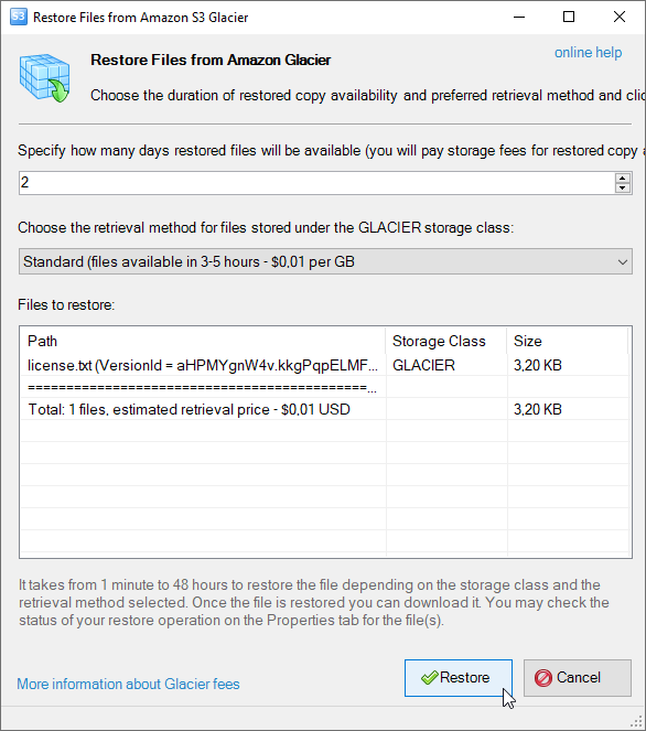Restore rom Amazon S3 Glacier dialog