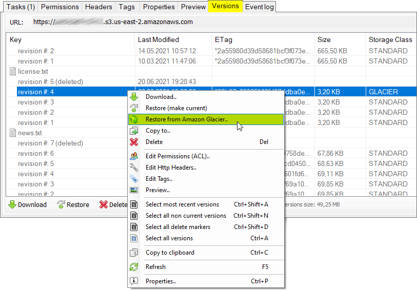 Right-click the versions you want to restore