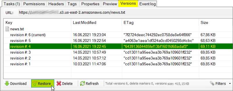 Select the version and click Restore