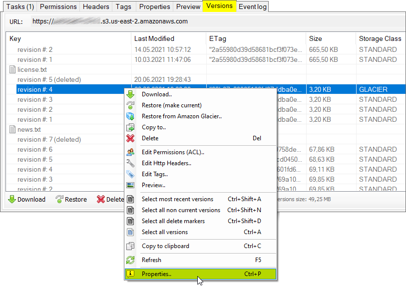 Right-click the version and choose Properties